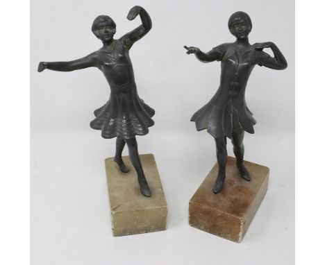 Pair of Art Deco period cast metal dancing girls raised on alabaster plinths, some small chips to bases, figures are good, la