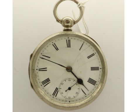 Hallmarked silver cased key wind pocket watch, 105g, not working at lotting, crack to dial. UK P&amp;P Group 1 (£16+VAT for t