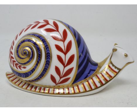 Royal Crown Derby snail paperweight with gold stopper, no cracks or chips, L: 13 cm. UK P&amp;P Group 1 (£16+VAT for the firs