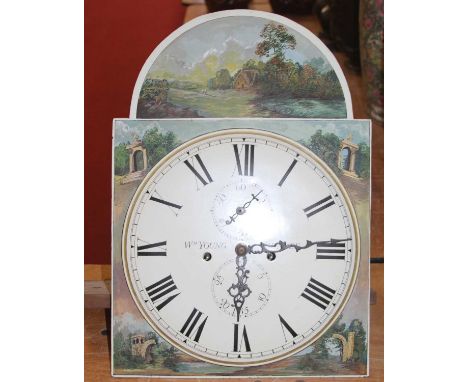 A 19th century longcase clock dial and movement, the painted dial showing Roman numerals, with subsidiary dials, signed WM Yo