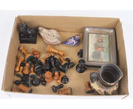 A Staunton type box wood and ebony weighted full chess set, king height 6.5cm, a Greco Roman terracotta oil lamp base, Chines