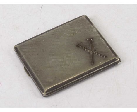 An engine turned silver pocket cigarette case, the hinge cover adorned with pair of rifles, 3.9oz, width 10cm