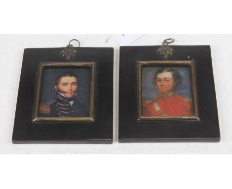 A pair of reproduction portrait miniatures in the early 19th century style, each depicting an officer within ebonised frame, 