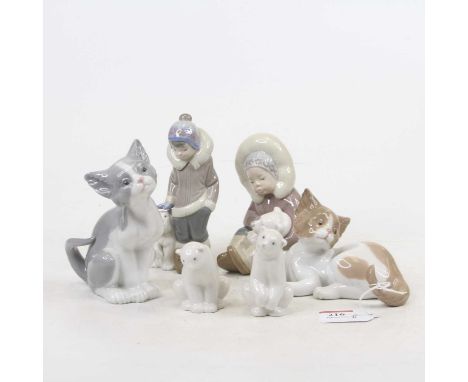Two Lladro porcelain models of kittens, the largest h.13cm; together with two Lladro models of children; and two Nao porcelai