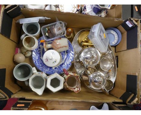 Miscellaneous items to include a silver plated part tea service and a brass chamber stick