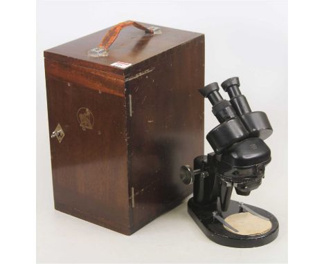 A vintage Watson binocular microscope, cased, h.28cm 