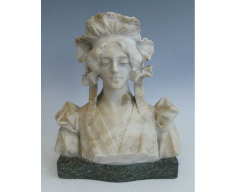 An Italian Art Nouveau carved alabaster bust modelled as a head and shoulders portrait of young woman, wearing a bonnet, rais