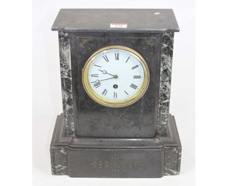 A Victorian black slate mantel clock, the enamel dial showing Roman numerals, h.32cm 