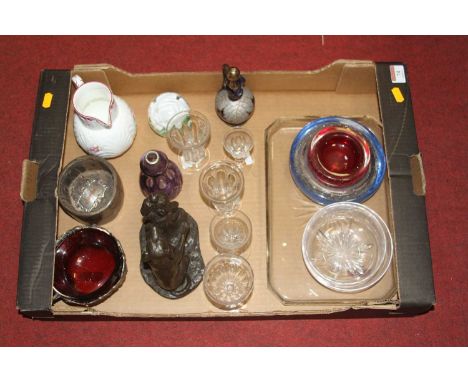 A collection of glassware and other items to include a purple overlaid cut glass scent bottle (lacking stopper), 19th century