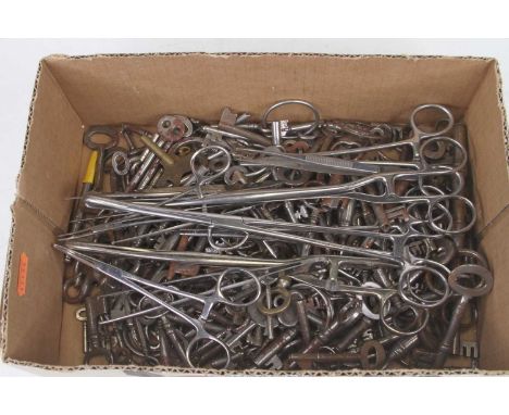 A box of assorted Georgian and later furniture keys; a small number of door keys; veterinary tools etc 