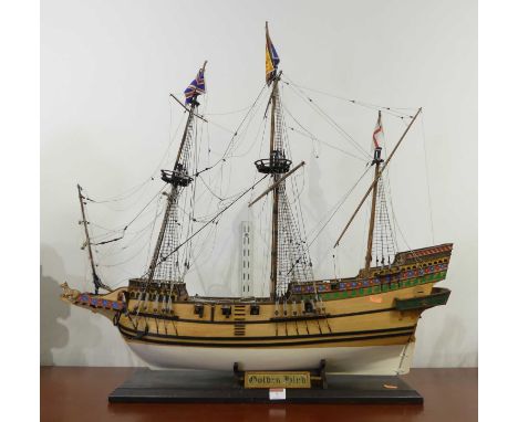 A wooden model of the Golden Hind, on stand, height 82cm
