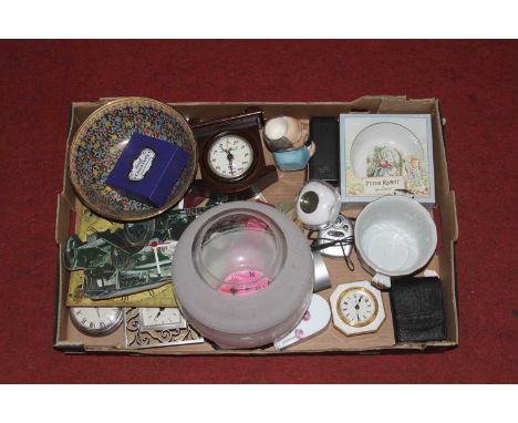 Miscellaneous items to include an acid etched oil lamp shade and a Wedgwood Peter Rabbit bowl 