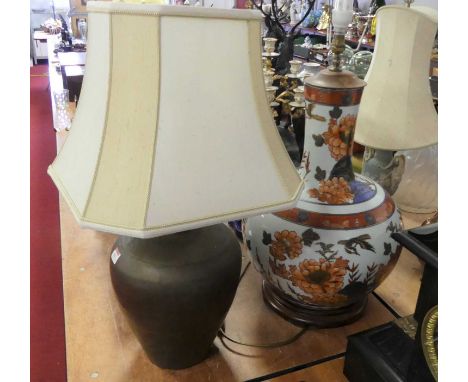 A large Chinese porcelain table lamp, enamel decorated with birds and flowers, h.67cm; together with a brass table lamp (2)