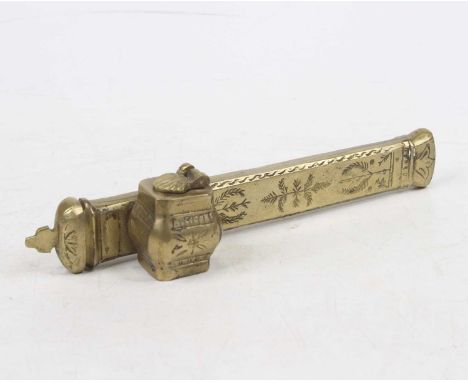 A 20th century brass travelling scribes qalandan, having hinged pen holder and inkwell, 23cm 