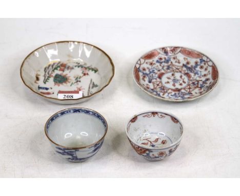 A Chinese blue and white porcelain tea bowl, dia.7cm; together with another tea bowl with saucer (a/f); and an enamel decorat