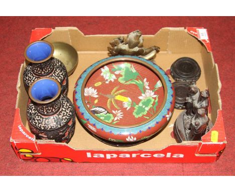A collection of oriental items to include polished brass figure of a Tibetan deity, height 15cm, a cloisonne enamel bowl, pai