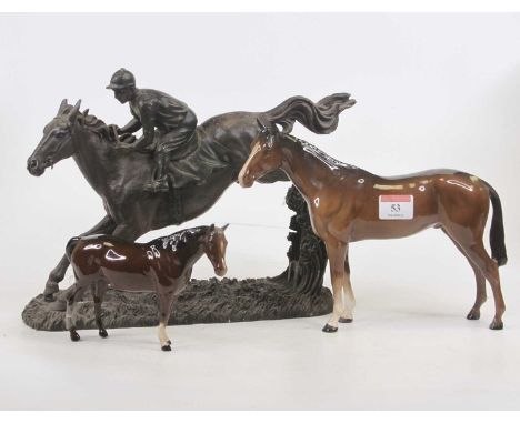A Beswick model of a horse, chestnut gloss, height 20cm, together with another smaller (a/f), and a resin model of a racehors