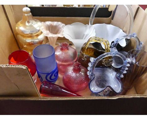 A collection of 20th century coloured glassware to include a green glass table basket, and a cranberry glass brandy glass