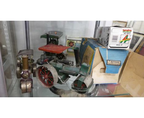 A Mamod spirit fired steam roller, in box; together with a tinplate tractor and trailer, in box; tinplate road-roller; and th