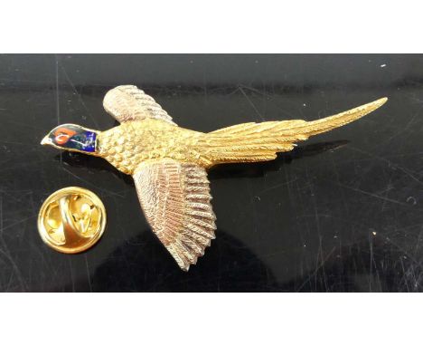 A modern 9ct three-colour gold and enamel set pheasant brooch, sponsor A&amp;W, 9.4g, 6cm