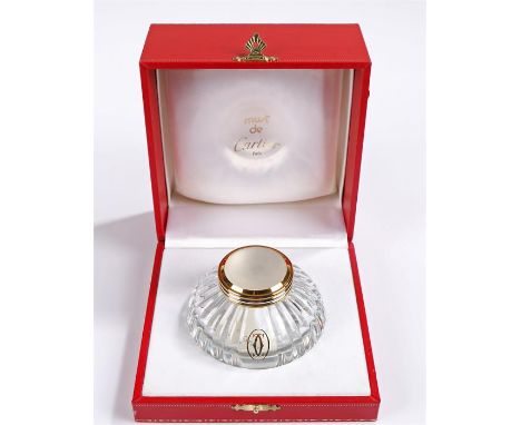 Cartier inkwell, the glass inkwell with a hinged lid and frosted top, Must be Cartier signed to the inside top of the lid and