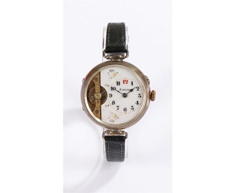 Hebdomas style silver cased gentleman's wristwatch, the dial with Arabic numerals, floral decoration and visible escapement, 