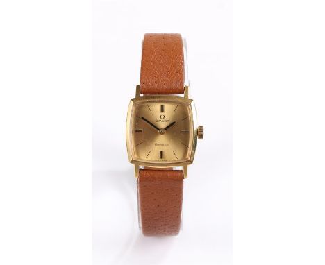 Omega Geneve gold plated ladies wristwatch, the signed gold coloured dial with baton numerals, manual wound, the case 20mm di