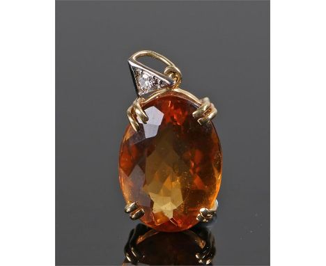 Fire opal and diamond set pendant, the oval fire opal with a diamond to the link