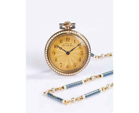 Cartier open faced ladies pocket watch, the signed gold coloured sunburst dial with Arabic numerals and blued hands surrounde
