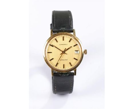 Longines Conquest gentleman's gold plated wristwatch, the gold coloured dial with baton hours and date aperture at the 3 o'cl