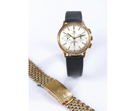 Omega 18 carat gold gentleman's chronograph wristwatch, the signed silver dial with three sub-dials, baton numerals and outer