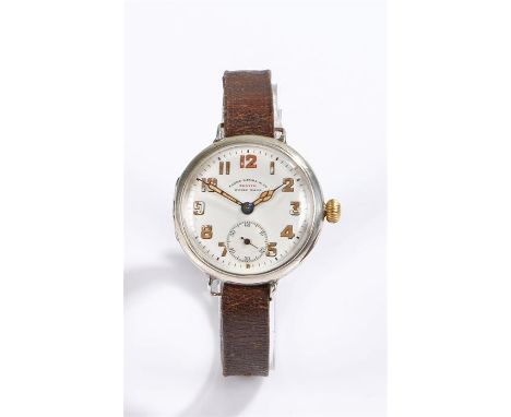 Rare Zenith World War One officers silver trench wristwatch, the signed white dial with Arabic numerals and subsidiary second