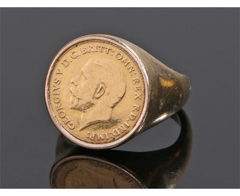 9 carat gold coin set ring, the George V coin set to the head, 9.1 grams, ring size O