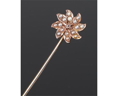 Pearl set stick pin, with a flower head design set with pearls