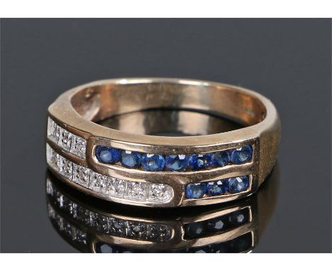 9 carat gold sapphire and diamond set ring, with two rows of diamonds and sapphires, ring size O