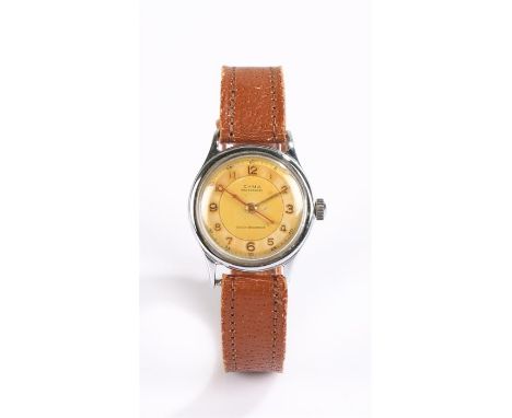 Cyma Watersport gentleman's wristwatch, the champagne coloured dial with gilt Arabic numerals, red seconds hand, manual wound