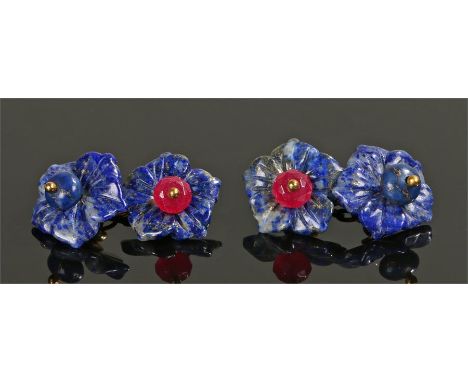 Pair of lapis lazuli and ruby cufflinks, carved as flowers with ball finials, 15mm diameter 