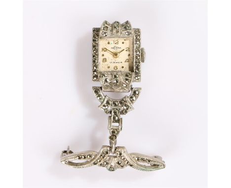 Incarna lapel watch, marcasite decorated brooch and watch case, manual wound the case 14mm x 21mm 
