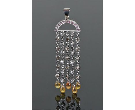 18 carat white gold diamond, ruby and citrine pendant, the ruby set arch above five strings of white and yellow diamonds and 