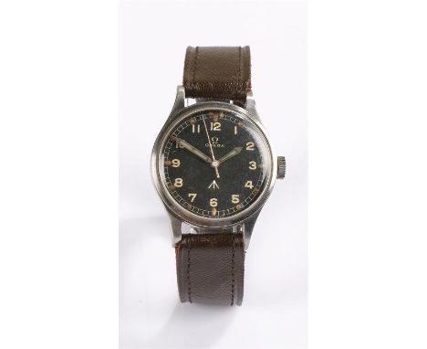 Omega "thin arrow" RAF issue stainless steel gentleman's wristwatch, the black dial with Arabic numerals, luminous markers, s