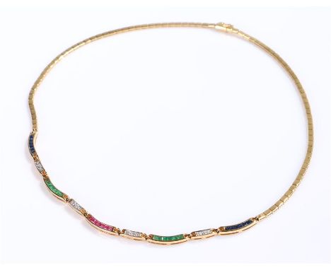 18 carat gold, emerald, ruby, sapphire and diamond set necklace, with bands of the gemstones to the front of the necklace, 40