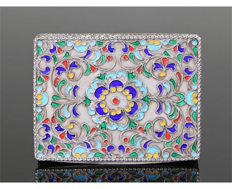 Russian white metal snuff box, the top and sides decorated with polychrome enamel scrolls, stamped to interior 1000, 6.75cm x