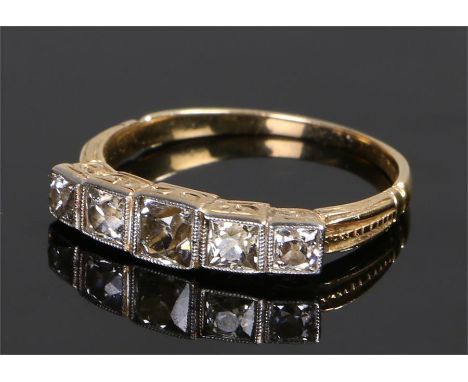 18 carat gold diamond set ring, set with five princess cut diamonds to the head, ring size O