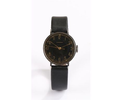 Longines steel cased gentleman's wristwatch, the signed black dial with gilt Arabic numerals, manual wound, the case 30mm dia