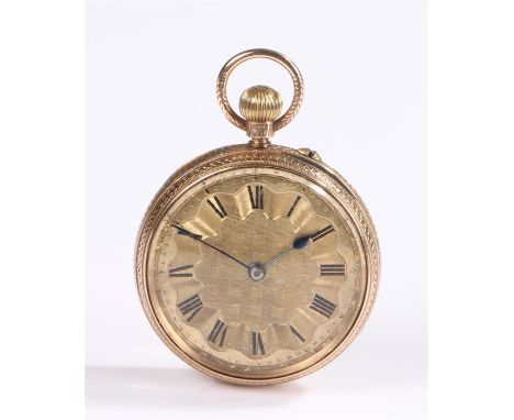 Nine carat gold cased, open face pocket watch, the engine turned gilt dial signed Le Conte Geneve, Roman numerals, crown woun