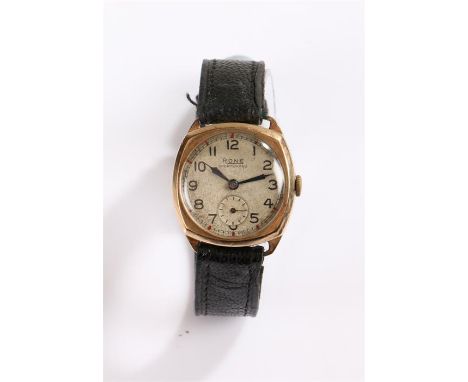Rone Sportsmans 9 carat gold wristwatch, the signed dial with Arabic numerals and subsidiary seconds dial, manual wound, the 