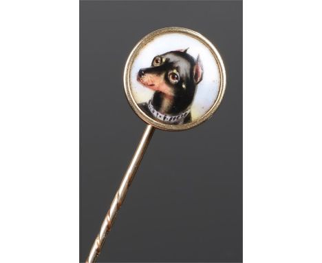 Victorian stick pin, with an enamel dog plaque head, signed to the back W Bailey, 1871, the head 16mm diameter 