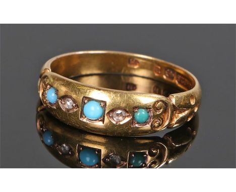 15 carat gold turquoise and diamond set ring, set with three turquoise stones and two diamonds, ring size N