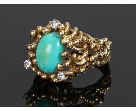 Diamond and turquoise set ring, the oval turquoise with three round cut diamonds to the arched and sphere design ring, 18.9 g