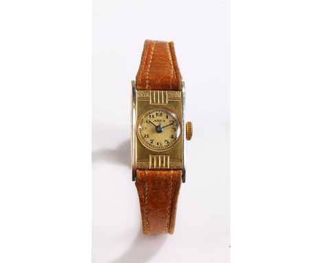 Arva 18 carat gold ladies wristwatch the signed dial with Arabic numerals, manual wound, the case 14mm x 26mm 